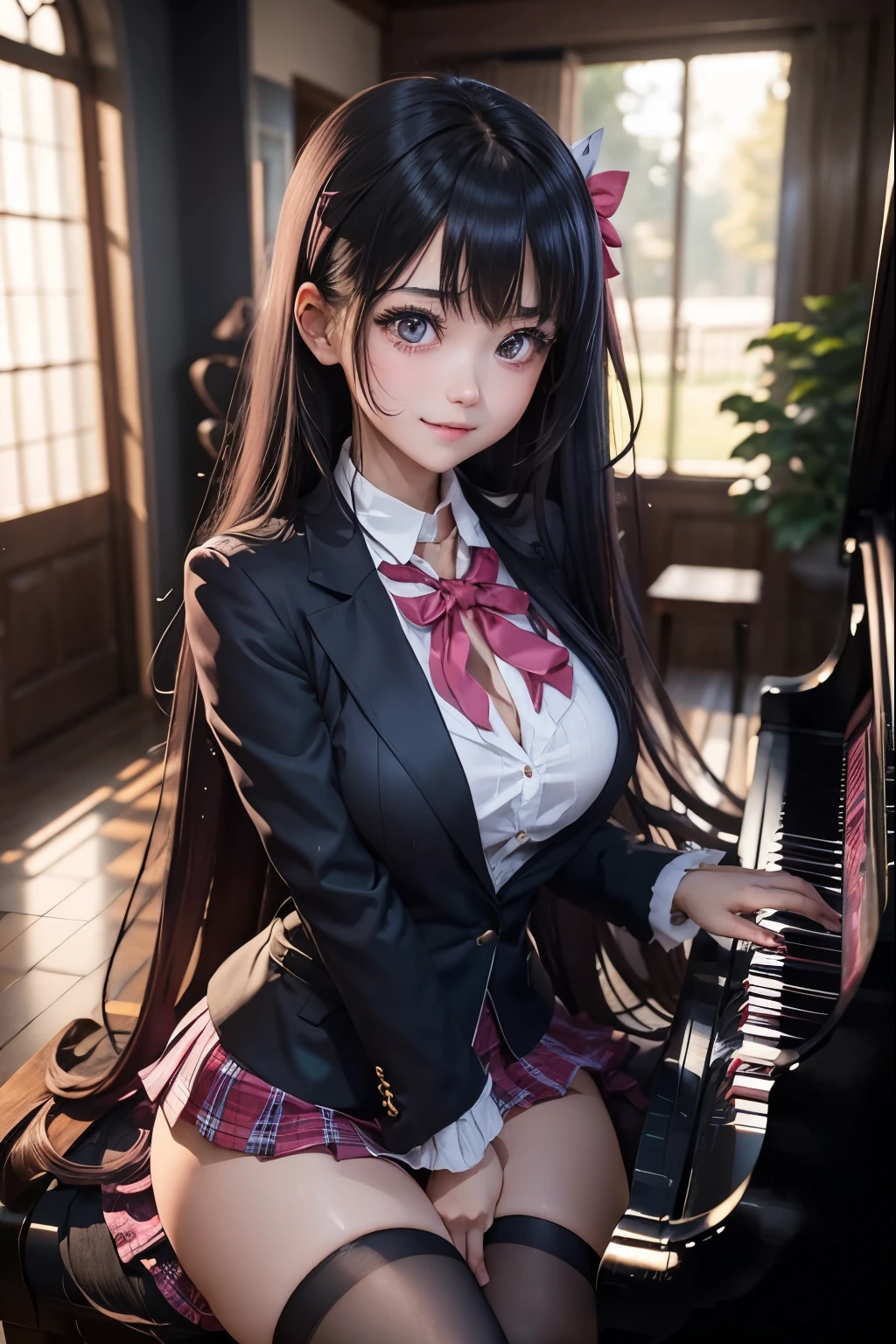High school girl blazer、 uniform、Red checked skirt、JK Style、Jacket、smile、Knee-high socks、Thigh-high socks、pantyhose、A superb beauty、Super cute、ennui、Rare beauty、Twin tail hair、Black Dark Eyeshadow、Sad、Good skin glow、Long hair straightener、Dark Gothic Makeup、Dark Smile、Fragrant beauty、Stained glass background、Mastepiece、Best Quality、Refers to 5 books、Sweat glistening on my chest、Sweat glistening on my face、Black frilly panties、The breast size is normal、Dark pink hair、Age 22 years old、Slightly slim、High school girl blazer、Playing the piano、sit and play an instrument、Piano available、Mysterious look、A sad expression、Pink Hair、mysterious gothic church、enchanting castle、Sweating profusely all over the body、A lot of sweat and light on the thighs、Shiny thighs、Plenty of sweat glistening on the thighs、A large amount of sweat glistens on my thighs、Sweating profusely、Gal、Small breasts、japanese face、Black bikini swimsuit、Alluring expression、Thighs are a little slender、