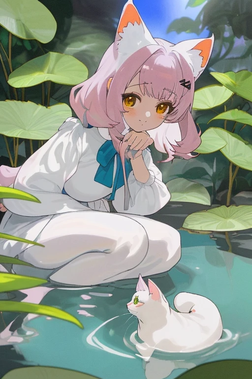 Waifu_anime_hermosa de pelo amarrado de color blanco, orejas de gato, toalla blanco embuelta, sentada en agua termales, cerezo, piso de color morado,