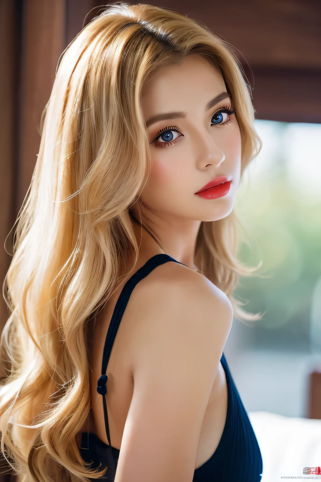 An unparalleled masterpiece, Ultra-realistic 8K CG, Perfect artwork, ((Image of a perfect woman)), Mature Woman, Tight waist, charm, clean, Beautiful Face, {Very delicate and beautiful girl} , 8k wallpaper, {{{masterpiece}} }, 1 girl, blonde, blue eyes, American Drama「Charlie's Angels」、Long Hair, Red lips,double eyelid、I'Apply mascara、 alone, (Shiny skin),photo shoot on the beach、Wearing a red bikini、Pose like a model、The sea of Shikanoshima、