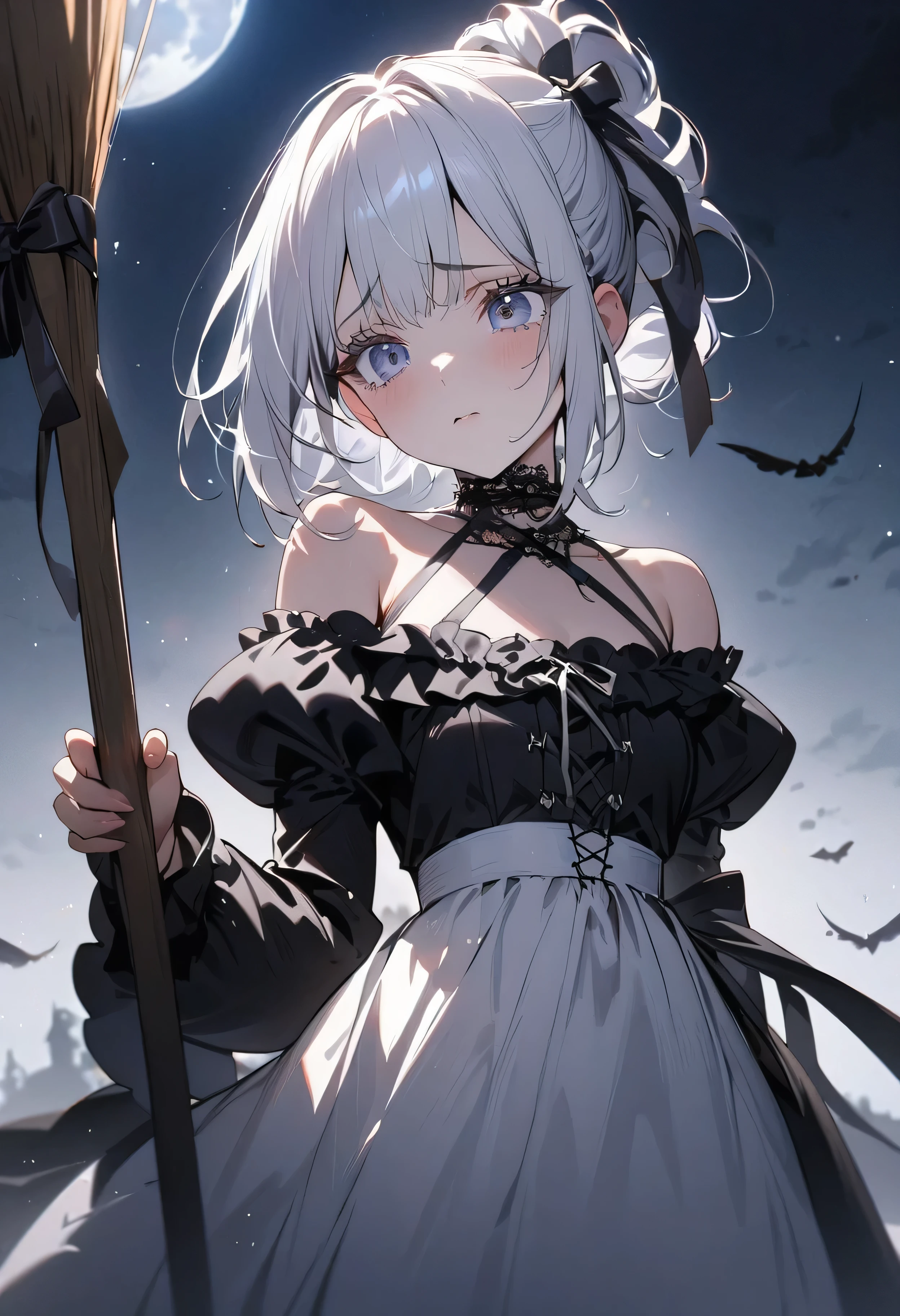 (masterpiece:1.2), (highest quality:1.2), Perfect Eyes, Perfect Face, Perfect lighting, One girl,bob, Complicated hairstyle, compensate, , Thick eyelashes, sad, melancholy, Dressed as a goth girl, Black and white dress, Frills, ribbon, Puffy sleeves, Exposing shoulders, Lace choker,witch,fly in the sky with a broom,moon