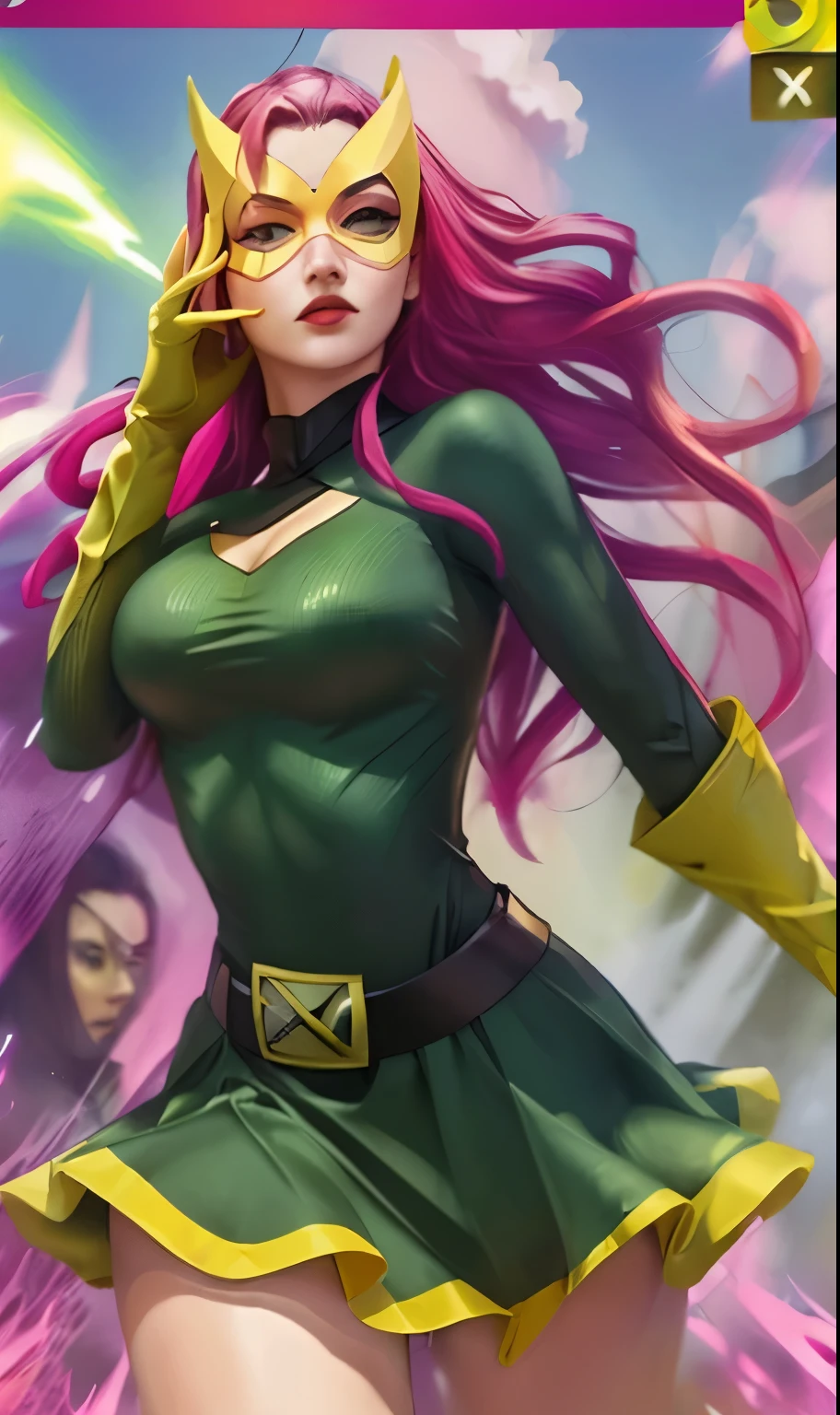 marvgirl2023, 1 garota, cabelo ruivo, Ultra HD, melhor qualidade, obra de arte, 5 dedos, fechar-se, corpo todo, Cabelo longo, yellow eye mask, vestido verde, olhos verdes, luvas amarelas,  psychic, campo de batalha ardente, roupas danificadas, roupas rasgadas, pele suja, sem roupas