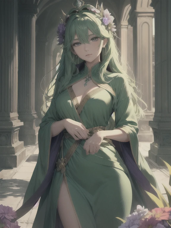 (masterpiece, 4k, best quality, highly detailed, 1girl, solo, see-through dress, wet, thighlet), c.c., (blush), 1girl, yellow eyes, green hair, long hair, earrings, looking down, small breasts, medium breasts, sitting, floating hair, breasts, armband, peplos, greek clothes, parted lips, <lyco:cc_locon_v1a:0.8> <lora:GreekClothes:1>