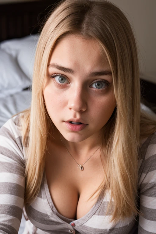 A 18 yo blonde girl  in a pajamas looking shocked shot from above, cleavage. Close up 