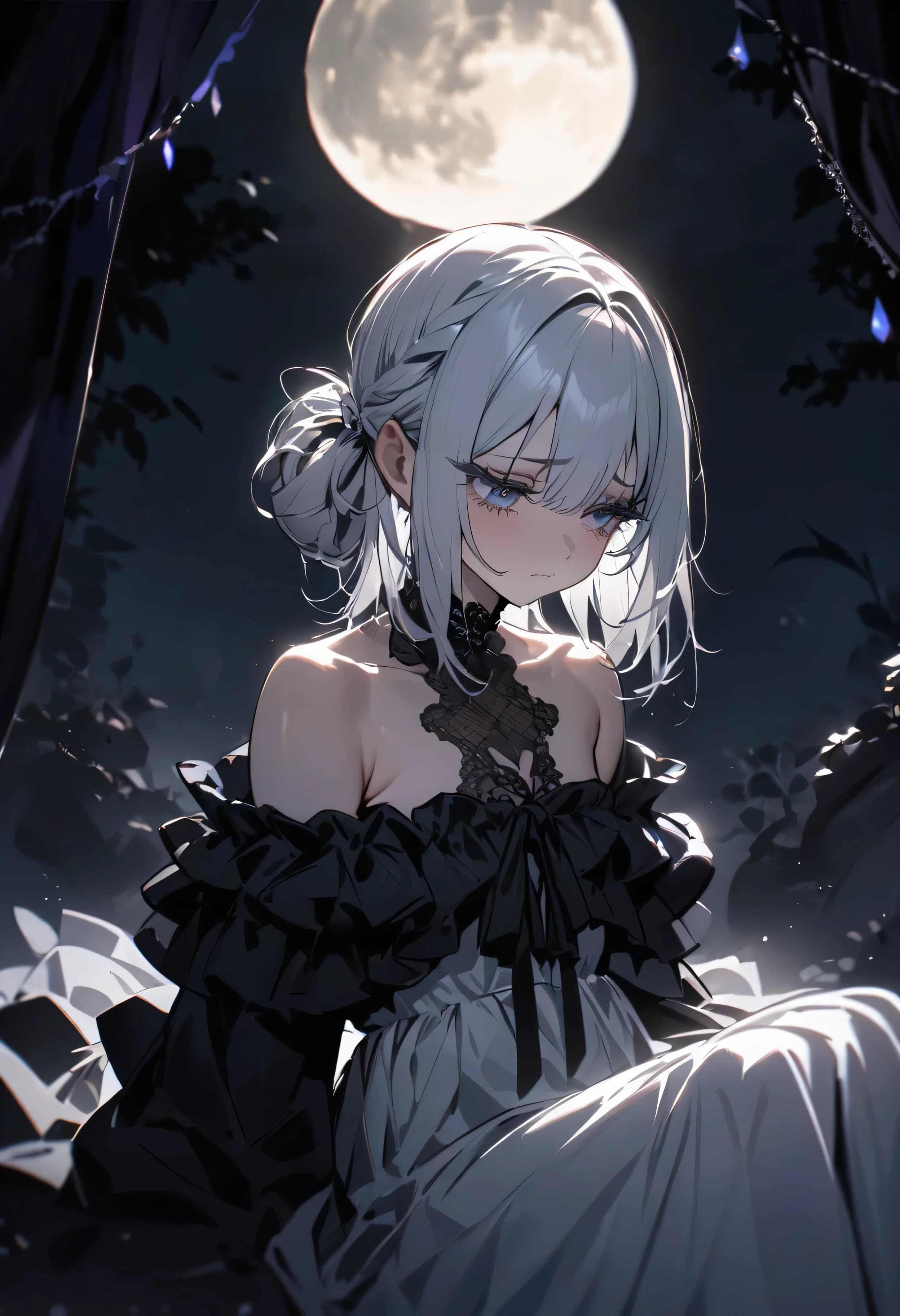 (masterpiece:1.2), (highest quality:1.2), Perfect Eyes, Perfect Face, Perfect lighting, One girl,bob, Complicated hairstyle, compensate, , Thick eyelashes, sad, melancholy, Dressed as a goth girl, Black and white dress, Frills, ribbon, Puffy sleeves, Exposing shoulders, Lace choker,witch,sitting,moon,