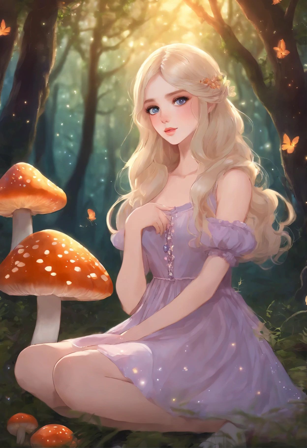 Light blonde hair anime girl with pale blue purple eyes, pink dress with puff sleeves and white knee-high boots sitting in the forest next to an orange mushroom surrounded by fireflies under a starry sky sitting  