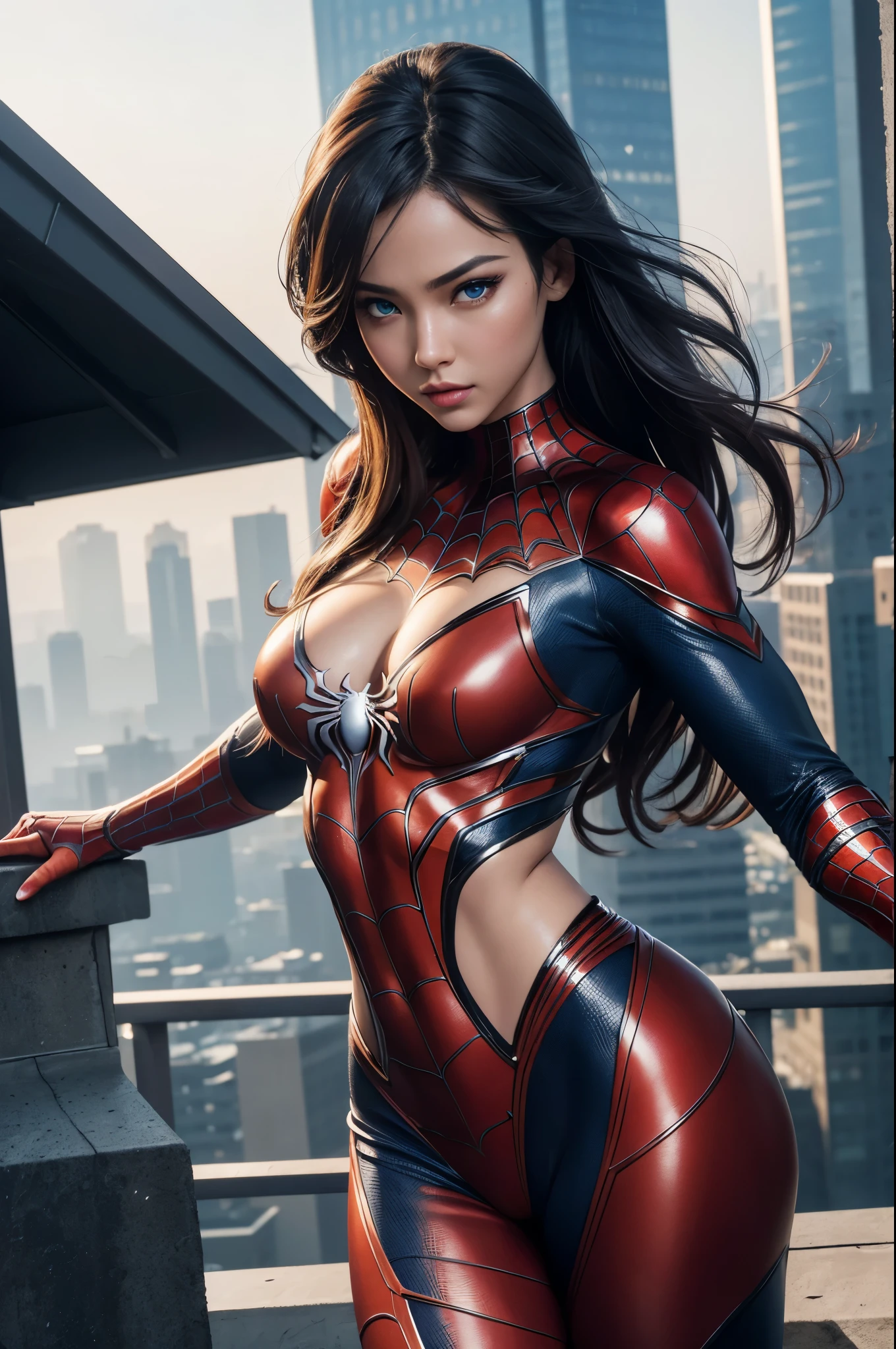 8K,Spider Girl,Super Beauty(Like the real thing),Spiderman Costume,Blue Eyes,Flexible physical ability,Perfect Anatomy,charm,Volume measurement,Body balance,super Realistic 肌,Digital single-lens reflex camera, Soft lighting, Detailed Background, Written boundary depth, Small breasts、Volumetric lighting, Sharp focus, Absurd, Realistic proportions, Excellent anatomy, (Realistic, 超Realistic:1.4), 16K HDR, dawn,A High Resolution,super Realistic 肌,Super beautiful expression,Fantasy art,Character Art,Wind effects:1.9、Cloud Effect:1.2、Full Rendering、Professional quality high resolution、Perfect contrast、Perfect lighting、Perfect composition、Perfect Skin、Perfect Fingers、Perfect breasts、Perfect Hair、Perfect Face、Realistic facial features,super highest quality,Slim figure,Perfect body line,Perfect hand shape,Anatomical body balance,Highly detailed face,Highly detailed eyes,Beautiful Lips,Excellent light particles,Cinema Lighting,Makeup,Ultra-high resolution,Ultra-Realistic Skin,Close-up of Princess Warrior,Sexy and dynamic pose,Hard and strong abs,Makeup,Rubber costume,Looking down on the city from the rooftop of a building,