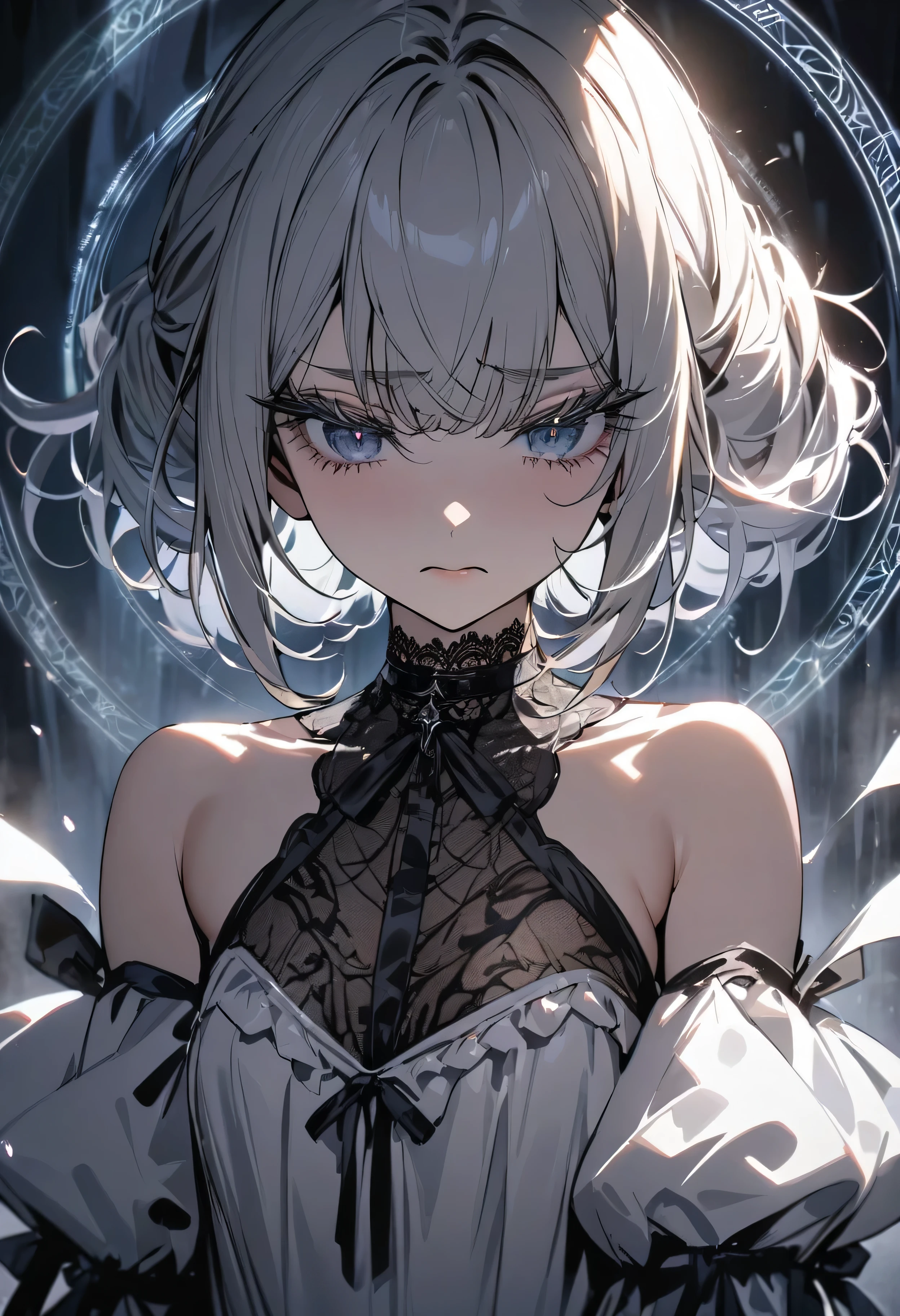 (masterpiece:1.2), (highest quality:1.2), Perfect Eyes, Perfect Face, Perfect lighting, One girl,bob, Complicated hairstyle, compensate, , Thick eyelashes, sad, melancholy, Dressed as a goth girl, Black and white dress, Frills, ribbon, Puffy sleeves, Exposing shoulders, Lace choker,Magic Circle,magic,aura