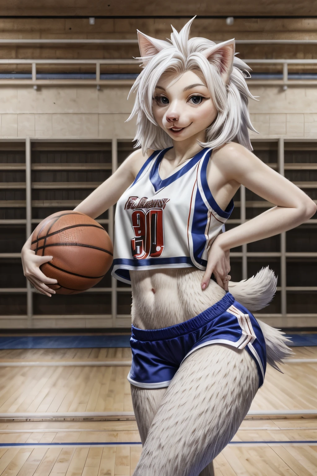 Female hedgehog basketball player, furry white hedgehog woman, cat ears 