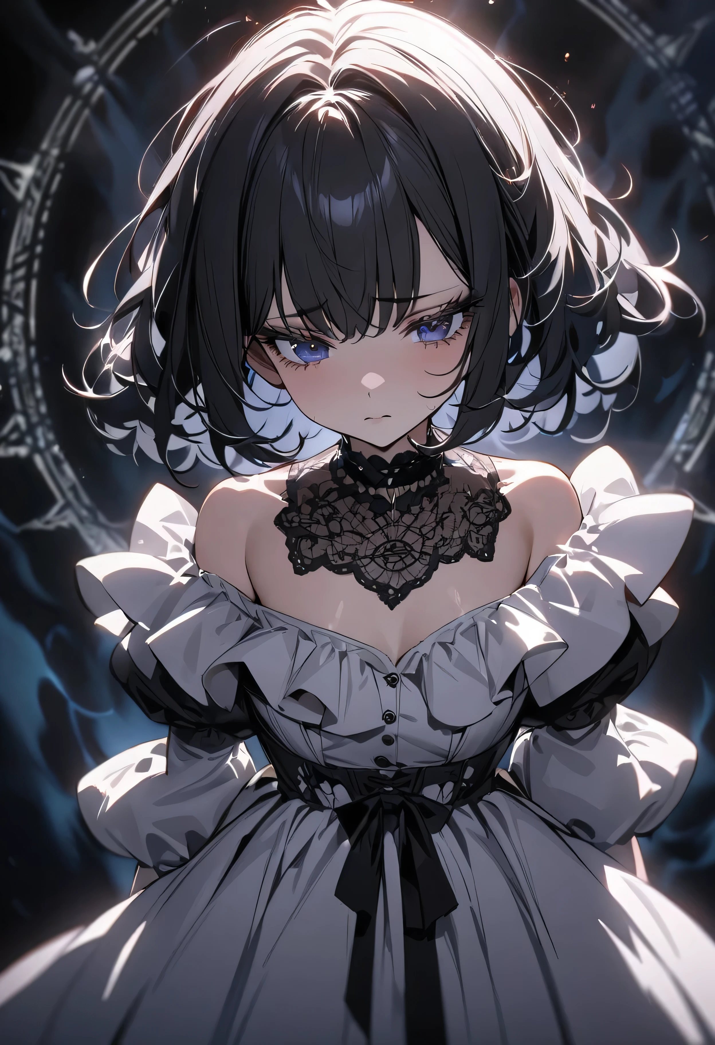 (masterpiece:1.2), (highest quality:1.2), Perfect Eyes, Perfect Face, Perfect lighting, One girl,bob, Complicated hairstyle, compensate, Thick eyelashes, Dressed as a goth girl, Black and white dress, Frills, ribbon, Puffy sleeves, Exposing shoulders, Lace choker,fighting,battle field,katana,Eye patch