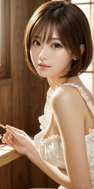 masterpiece、highest quality、High resolution、Tabletop、wallpaper、Realistic、Bright lighting、Professional Lighting、Face Light、Smooth lighting、Japanese women、Adult、Beautiful woman、action、gravure、sexy、poor、so beautiful、Beautiful Skin、Beautiful and detailed、Detailed face、slim、moderately、short hair、Brunette colored hair、Brown eyes、Looking at the camera、I have a sax