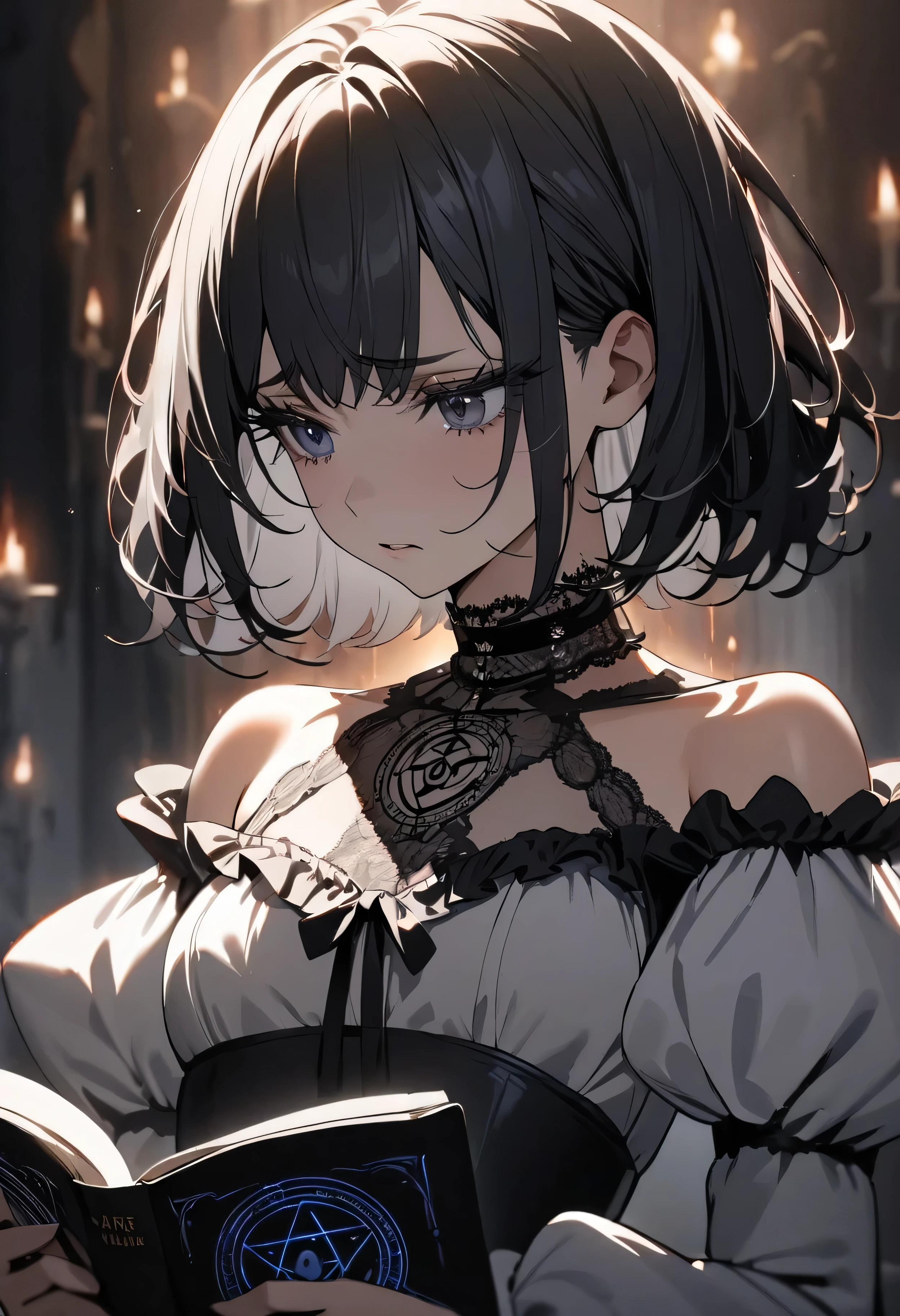 (masterpiece:1.2), (highest quality:1.2), Perfect Eyes, Perfect Face, Perfect lighting, One girl,bob, Complicated hairstyle, compensate, , Thick eyelashes, sad, melancholy, Dressed as a goth girl, Black and white dress, Frills, ribbon, Puffy sleeves, Exposing shoulders, Lace choker,Magic Circle,wizard,aura,Holding a book,chanting,have a book