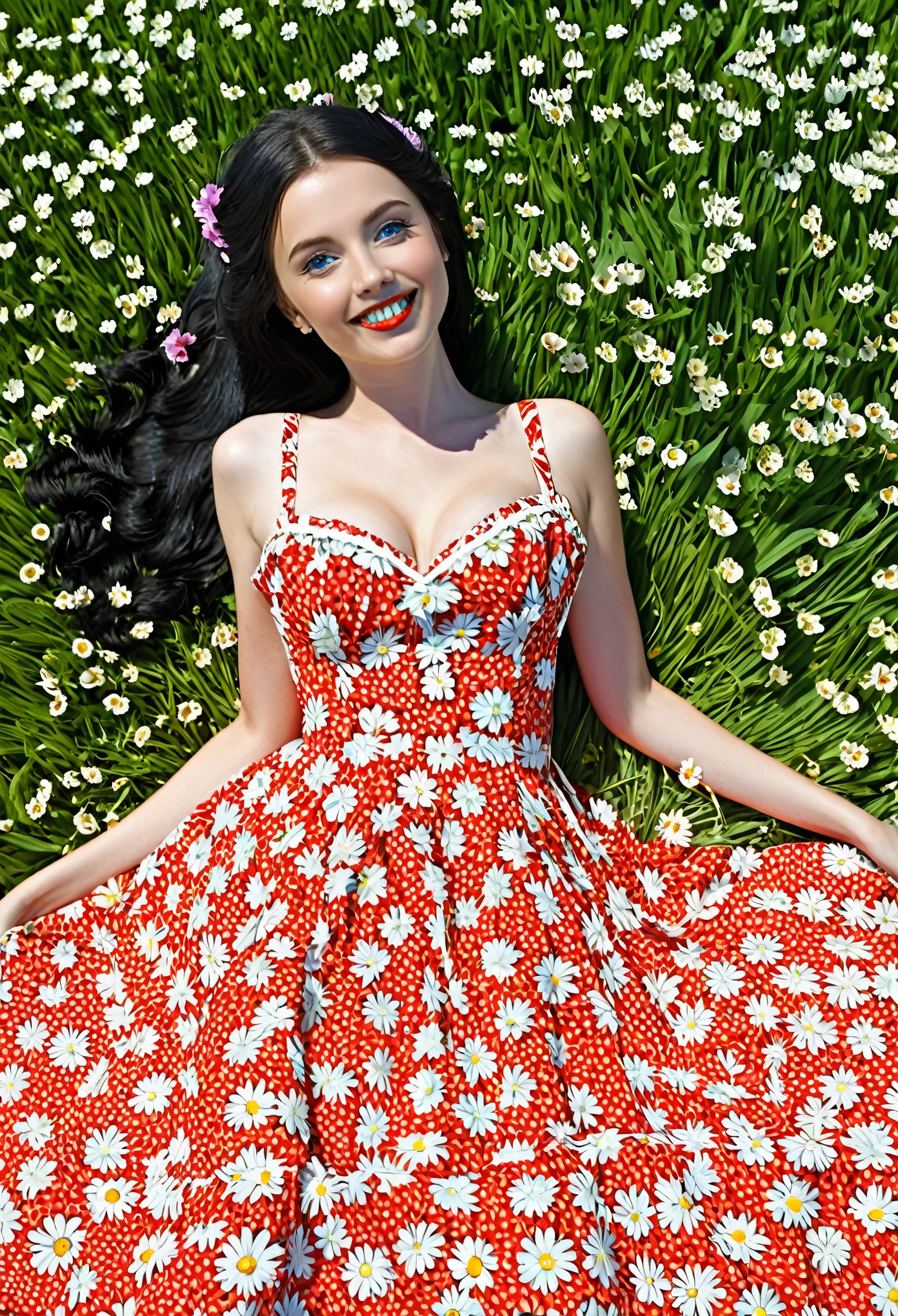 Megan1, solo, 1girl, laying in a ((field of daisies)) on bright sunny day, wearing a sun dress with a flower design, smiling, long voluminous black flowing hair, beautiful blue eyes, detailed eyes, full red lips, thin body with hourglass figure, large breasts, holding a bouquet of daisies.