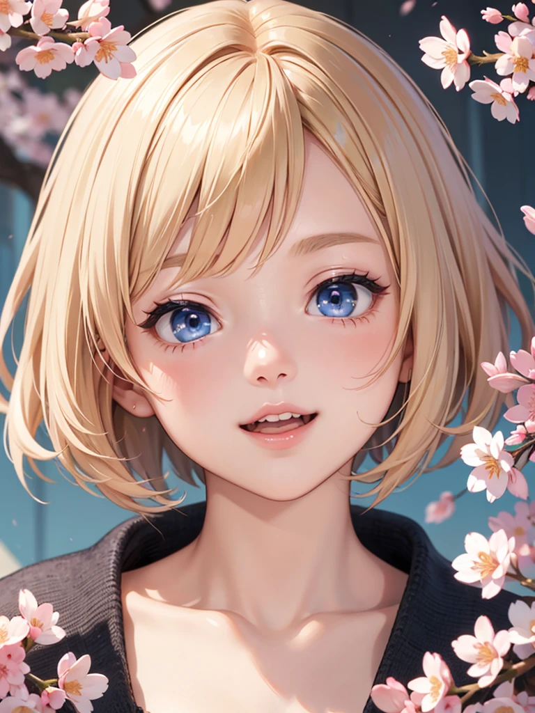 Face close-up、blonde、short hair、girl1、、smile、cherry blossoms、Waving、Light blue eyes、Open your mouth、Pink Lips