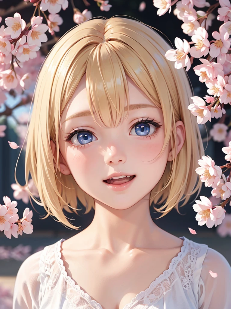 Face close-up、blonde、short hair、girl1、、smile、cherry blossoms、Waving、Light blue eyes、Open your mouth、Pink Lips