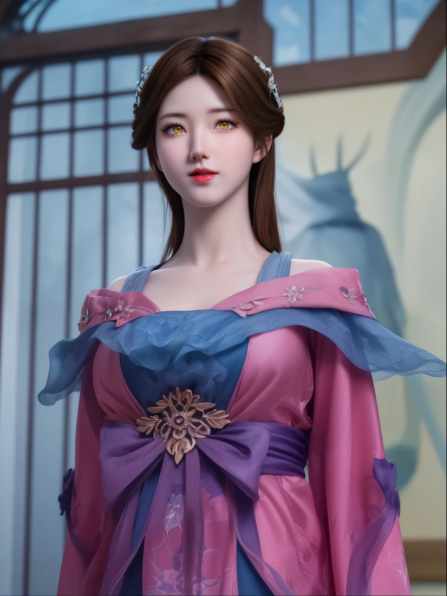 (hyperrealistic), (illustration), (high resolution), (8K), (extremely detailed), (best illustration), (beautiful detailed eyes), (best quality), (ultra-detailed), (masterpiece), (wallpaper), (photorealistic), (natural light), (rim lighting), (detailed face), (high detailed realistic skin texture), (anatomically correct), (solo), (1 girl), (high detailed realistic hair), (caramel hair:1.35), (heterochromic eyes), (detailed eyes), (light yellow eyes:1.37), (sparkling eyes), (realistic big breasts:1.5), (long legs), (slender abs), (dynamic pose), (closed tiny mouth:1.3), (concentrated expression), (topless),