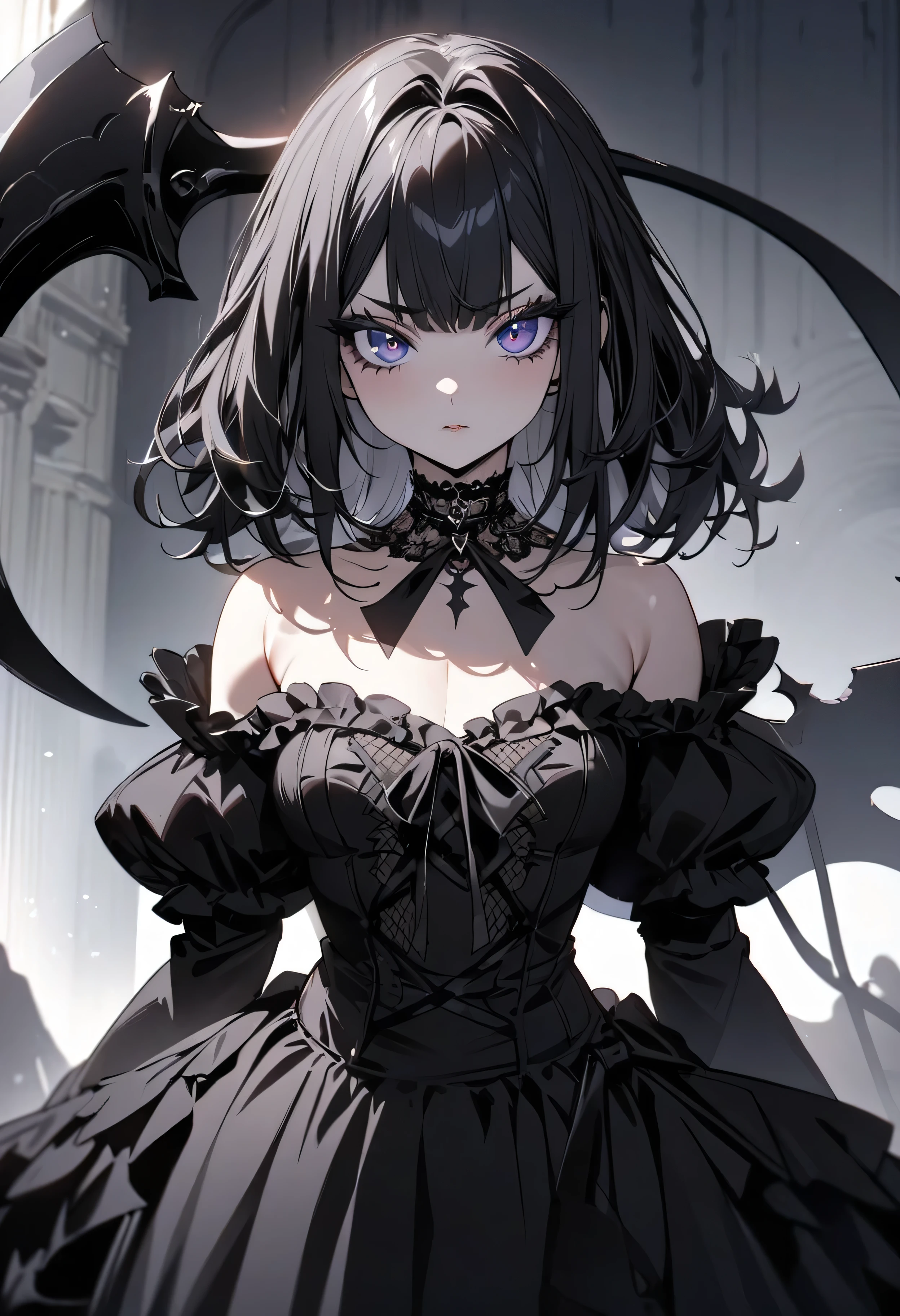 (masterpiece:1.2), (highest quality:1.2), Perfect Eyes, Perfect Face, Perfect lighting, One girl,bob, Complicated hairstyle, compensate, , Thick eyelashes, Dressed as a goth girl, Black and white dress, Frills, ribbon, Puffy sleeves, Exposing shoulders, Lace choker,sickle,grim reaper