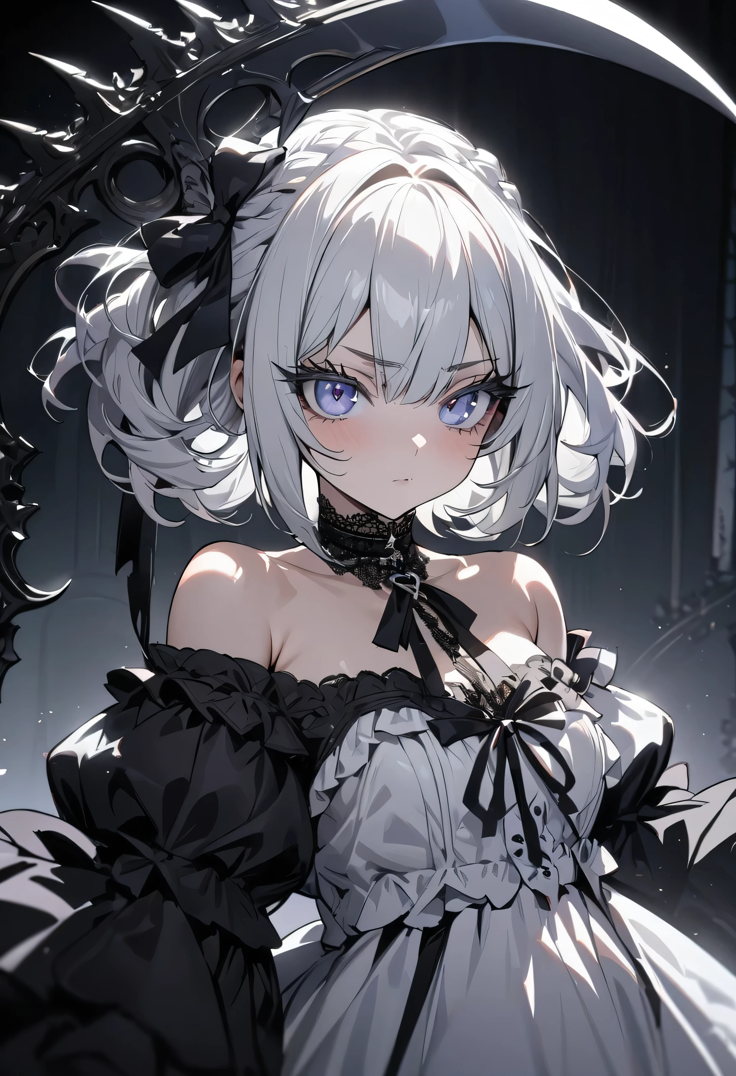 (masterpiece:1.2), (highest quality:1.2), Perfect Eyes, Perfect Face, Perfect lighting, One girl,bob, Complicated hairstyle, compensate, , Thick eyelashes, Dressed as a goth girl, Black and white dress, Frills, ribbon, Puffy sleeves, Exposing shoulders, Lace choker,sickle,grim reaper