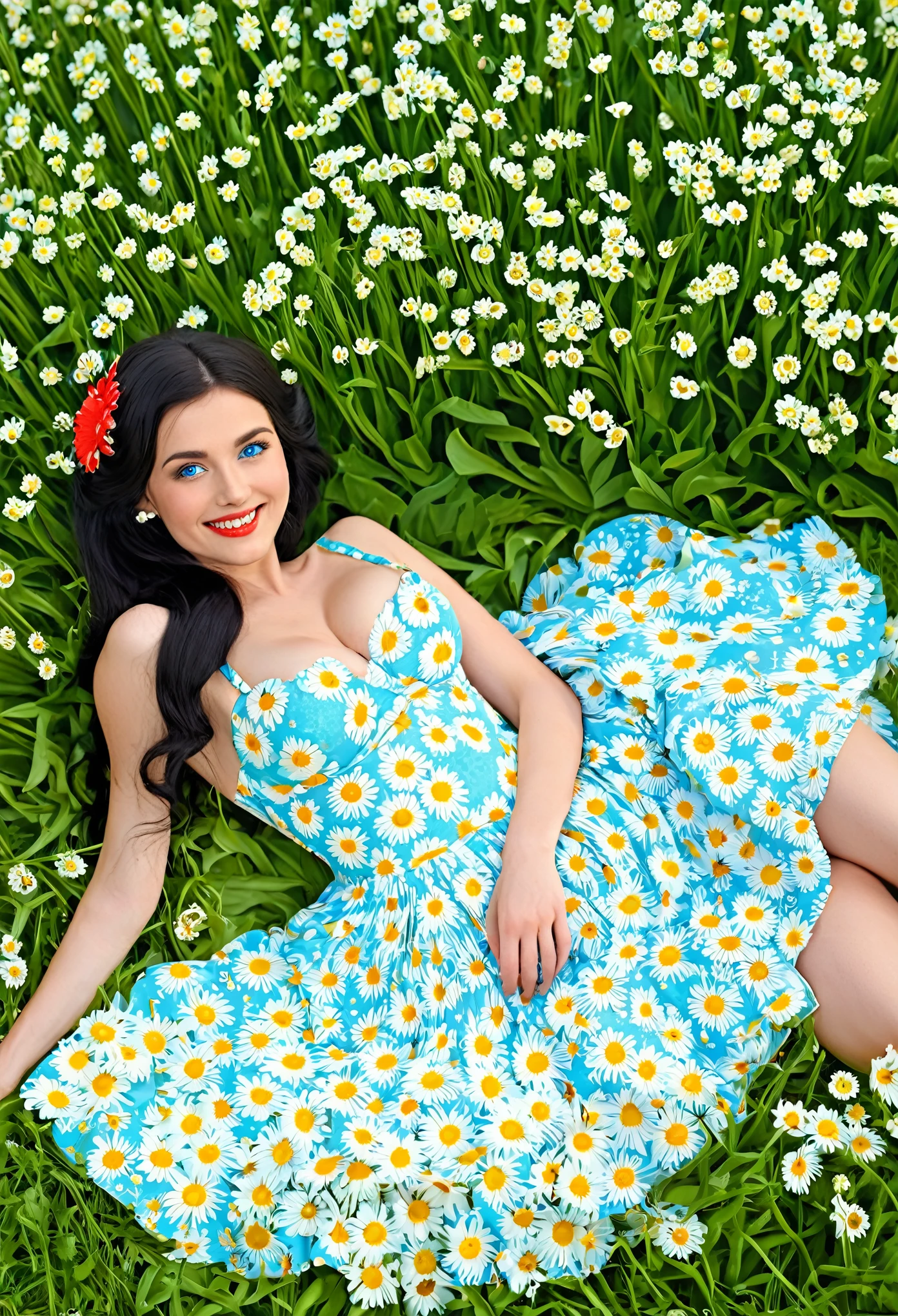 Megan1, solo, 1girl, laying in a ((field of daisies)) on bright sunny day, wearing a sun dress with a flower design, smiling, long voluminous black flowing hair, beautiful blue eyes, detailed eyes, full red lips, thin body with hourglass figure, large breasts, holding a bouquet of daisies. 