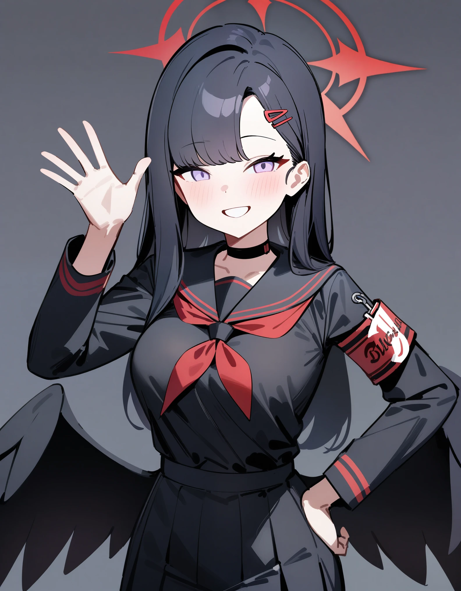 masterpiece, best quality, very aesthetic, absurdres, 1girl, ichika\(blue archive), blue archive, looking at viewer, red halo, black hair, breasts, low wings, black serafuku, red neckerchief, hand on own hip, waving, smile, simple background