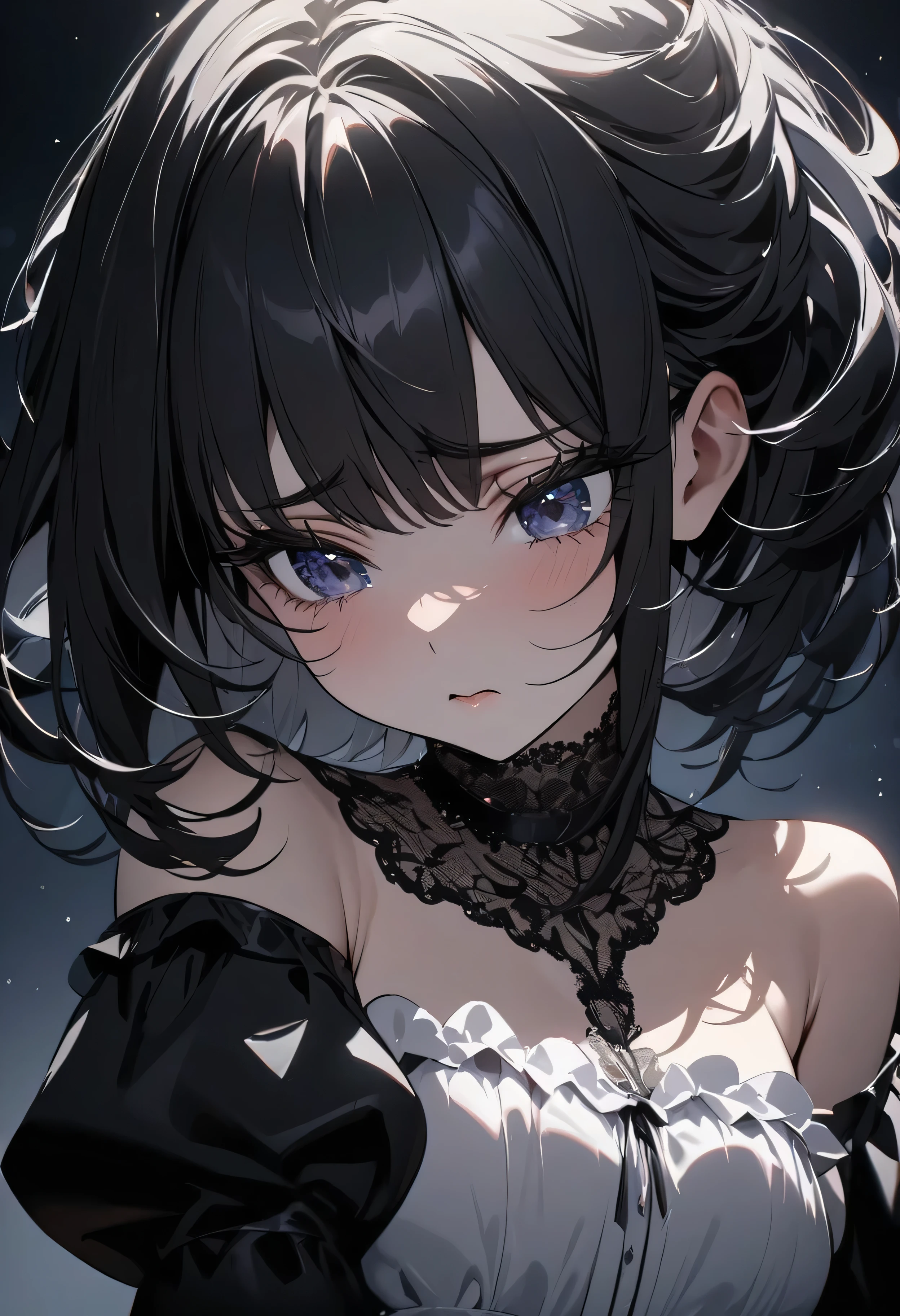 (masterpiece:1.2), (highest quality:1.2), Perfect Eyes, Perfect Face, Perfect lighting, One girl,bob, Complicated hairstyle, compensate, , Thick eyelashes, sad, melancholy, Dressed as a goth girl, Black and white dress, Frills, ribbon, Puffy sleeves, Exposing shoulders, Lace choker,in the sky,black umbrella