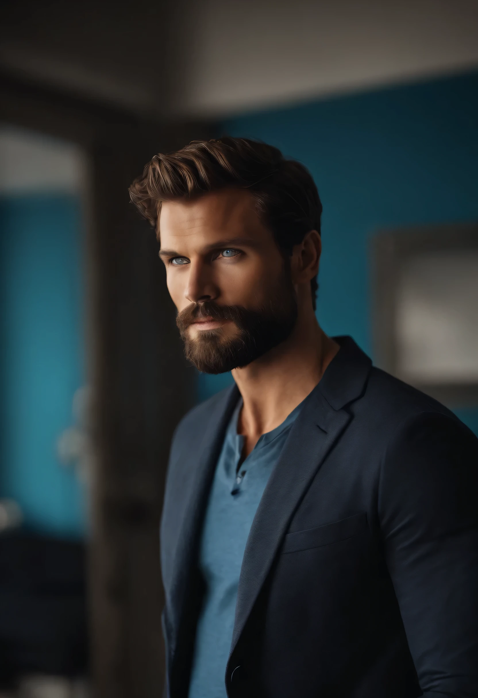 (Homem com roupas elegantes), ), (com uma barba longa e cheia,) (olhos azuis) (retrato) Attractive and serious appearance, Cabelo castanho escuro, Elegante e elegante, e camiseta de corpo forte, Homem semelhante ao ator Jamie Dornan, (Imagem realista e de alta qualidade), in the background Scandinavian apartment with designer furniture and blue wall in the background, ((A melhor qualidade, 8k, Obra de arte).