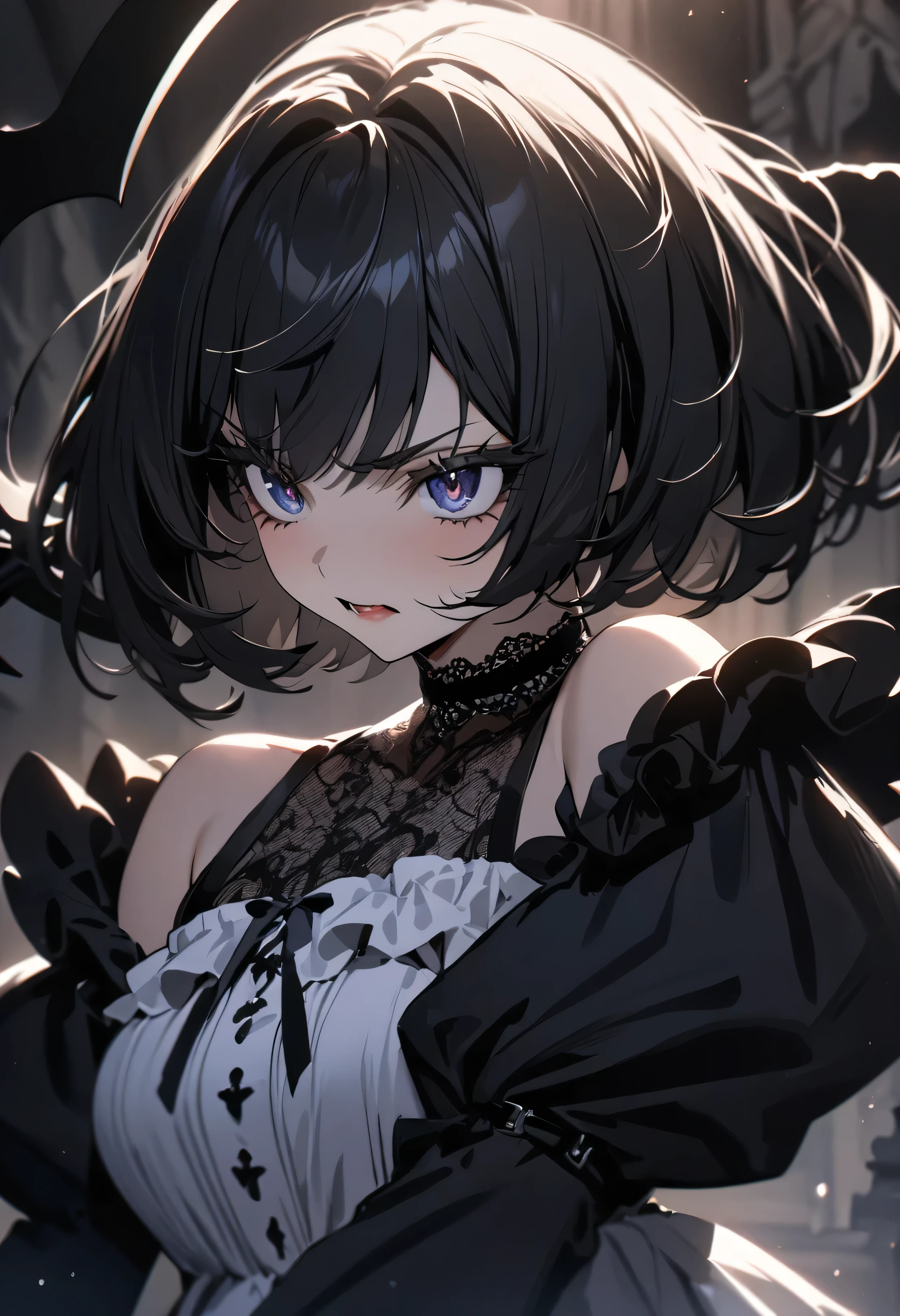 (masterpiece:1.2), (highest quality:1.2), Perfect Eyes, Perfect Face, Perfect lighting, One girl,bob, Complicated hairstyle, compensate, , Thick eyelashes, Dressed as a goth girl, Black and white dress, Frills, ribbon, Puffy sleeves, Exposing shoulders, Lace choker,sickle,grim reaper,fighting