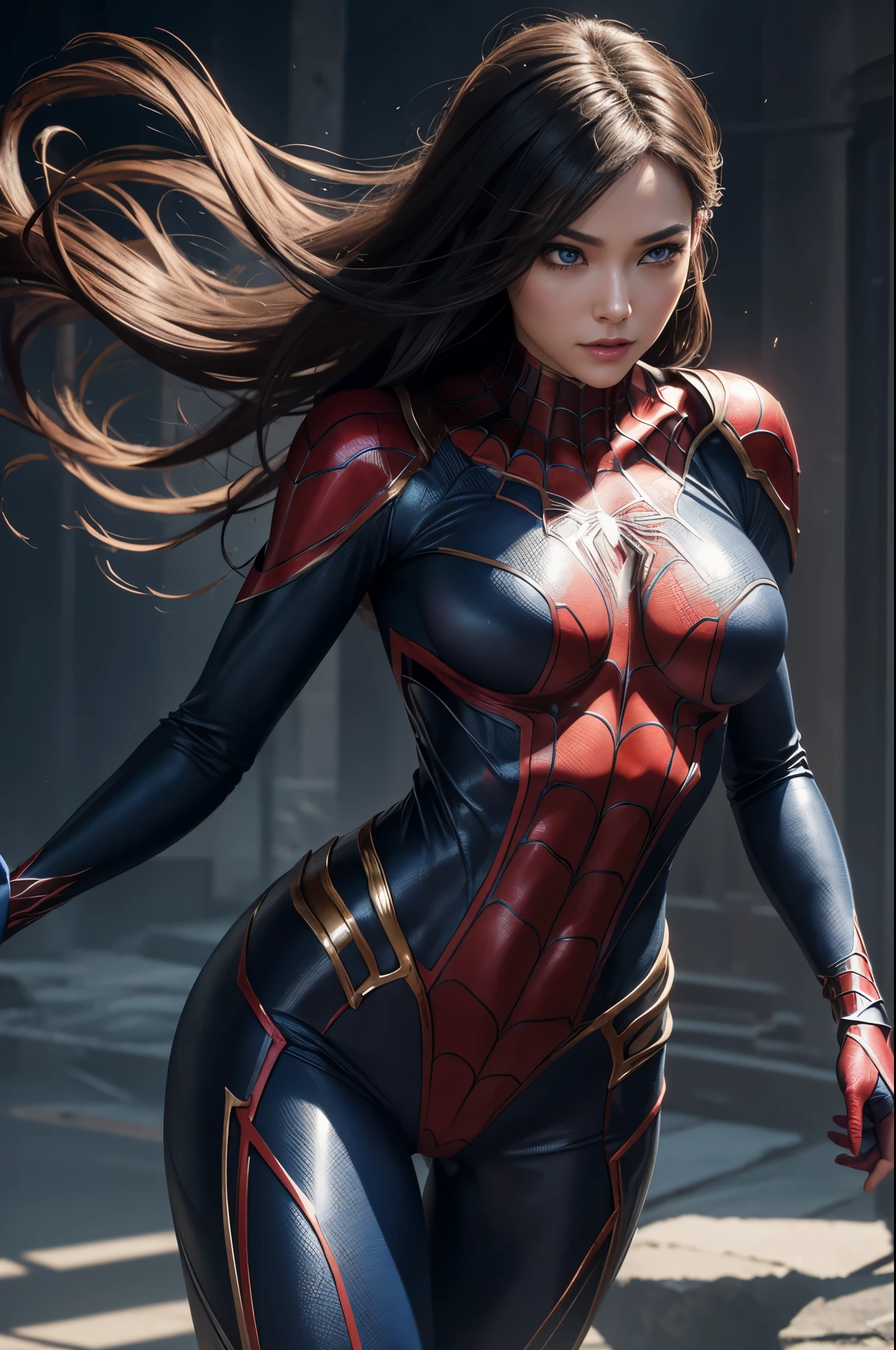 8K,Spider Lady,Super Beauty(Like the real thing),Spiderman Costume,Blue Eyes,Flexible physical ability,Perfect Anatomy,charm,Volume measurement,Body balance,super Realistic 肌,Digital single-lens reflex camera, Soft lighting, Detailed Background, Written boundary depth, Small breasts、Volumetric lighting, Sharp focus, Absurd, Realistic proportions, Excellent anatomy, (Realistic, 超Realistic:1.4), 16K HDR, dawn,A High Resolution,super Realistic 肌,Super beautiful expression,Fantasy art,Character Art,Wind effects:1.9、Cloud Effect:1.2、Full Rendering、Professional quality high resolution、Perfect contrast、Perfect lighting、Perfect composition、Perfect Skin、Perfect Fingers、Perfect breasts、Perfect Hair、Perfect Face、Realistic facial features,super highest quality,Slim figure,Perfect body line,Perfect hand shape,Anatomical body balance,Highly detailed face,Highly detailed eyes,Beautiful Lips,Excellent light particles,Cinema Lighting,Makeup,Ultra-high resolution,Ultra-Realistic Skin,Close-up of Princess Warrior,Sexy and dynamic pose,Hard and strong abs,Makeup,Rubber costume,大人のSpider Lady,