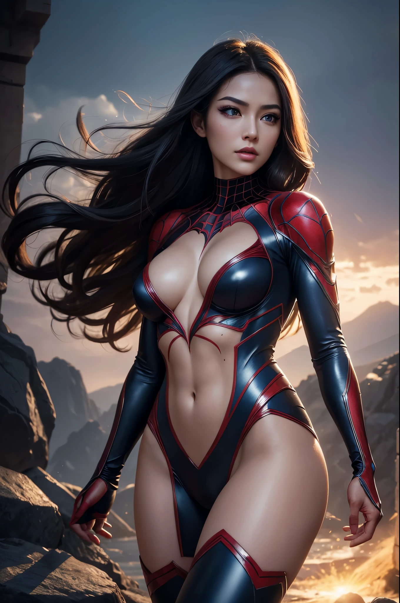 8K,Spider Lady,Super Beauty(Like the real thing),Spiderman Costume,Blue Eyes,Flexible physical ability,Perfect Anatomy,charm,Volume measurement,Body balance,super Realistic 肌,Digital single-lens reflex camera, Soft lighting, Detailed Background, Written boundary depth, Small breasts、Volumetric lighting, Sharp focus, Absurd, Realistic proportions, Excellent anatomy, (Realistic, 超Realistic:1.4), 16K HDR, dawn,A High Resolution,super Realistic 肌,Super beautiful expression,Fantasy art,Character Art,Wind effects:1.9、Cloud Effect:1.2、Full Rendering、Professional quality high resolution、Perfect contrast、Perfect lighting、Perfect composition、Perfect Skin、Perfect Fingers、Perfect breasts、Perfect Hair、Perfect Face、Realistic facial features,super highest quality,Slim figure,Perfect body line,Perfect hand shape,Anatomical body balance,Highly detailed face,Highly detailed eyes,Beautiful Lips,Excellent light particles,Cinema Lighting,Makeup,Ultra-high resolution,Ultra-Realistic Skin,Close-up of Princess Warrior,Sexy and dynamic pose,Hard and strong abs,Makeup,Rubber costume,大人のSpider Lady,
