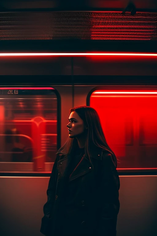 woman standing in a subway in a neon lights in a subway car, red and cinematic lighting, cinematic red lighting, cinematic and dramatic red light, high red lights, red lights, red neon lights, by Emma Andijewska, red lighting, atmospheric red lighting, red lighting on their faces, style of suspiria and neon demon, red neon, red light, long exposure