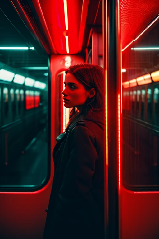woman standing in a subway in a neon lights in a subway car, red and cinematic lighting, cinematic red lighting, cinematic and dramatic red light, high red lights, red lights, red neon lights, by Emma Andijewska, red lighting, atmospheric red lighting, red lighting on their faces, style of suspiria and neon demon, red neon, red light, long exposure