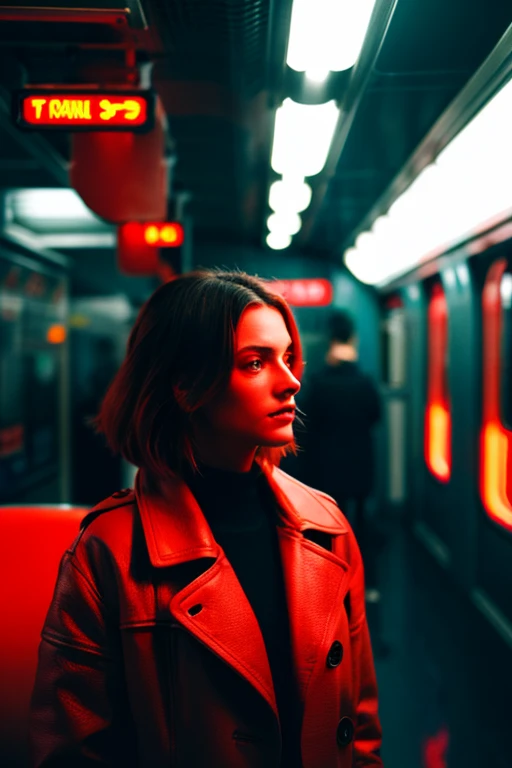 woman standing in a subway in a neon lights in a subway car, red and cinematic lighting, cinematic red lighting, cinematic and dramatic red light, high red lights, red lights, red neon lights, by Emma Andijewska, red lighting, atmospheric red lighting, red lighting on their faces, style of suspiria and neon demon, red neon, red light, long exposure

