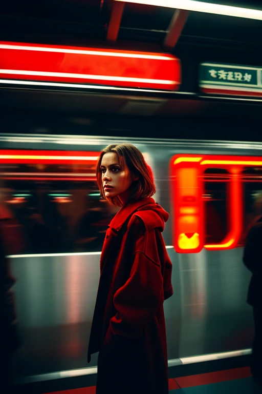 woman standing in a subway in a neon lights in a subway car, red and cinematic lighting, cinematic red lighting, cinematic and dramatic red light, high red lights, red lights, red neon lights, by Emma Andijewska, red lighting, atmospheric red lighting, red lighting on their faces, style of suspiria and neon demon, red neon, red light, long exposure