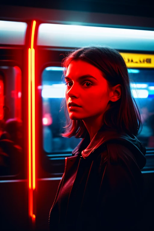 woman standing in a subway in a neon lights in a subway car, red and cinematic lighting, cinematic red lighting, cinematic and dramatic red light, high red lights, red lights, red neon lights, by Emma Andijewska, red lighting, atmospheric red lighting, red lighting on their faces, style of suspiria and neon demon, red neon, red light, long exposure