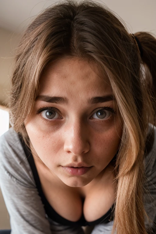 A 18 yo blonde girl  in a pajamas looking shocked shot from above, cleavage. Close up 