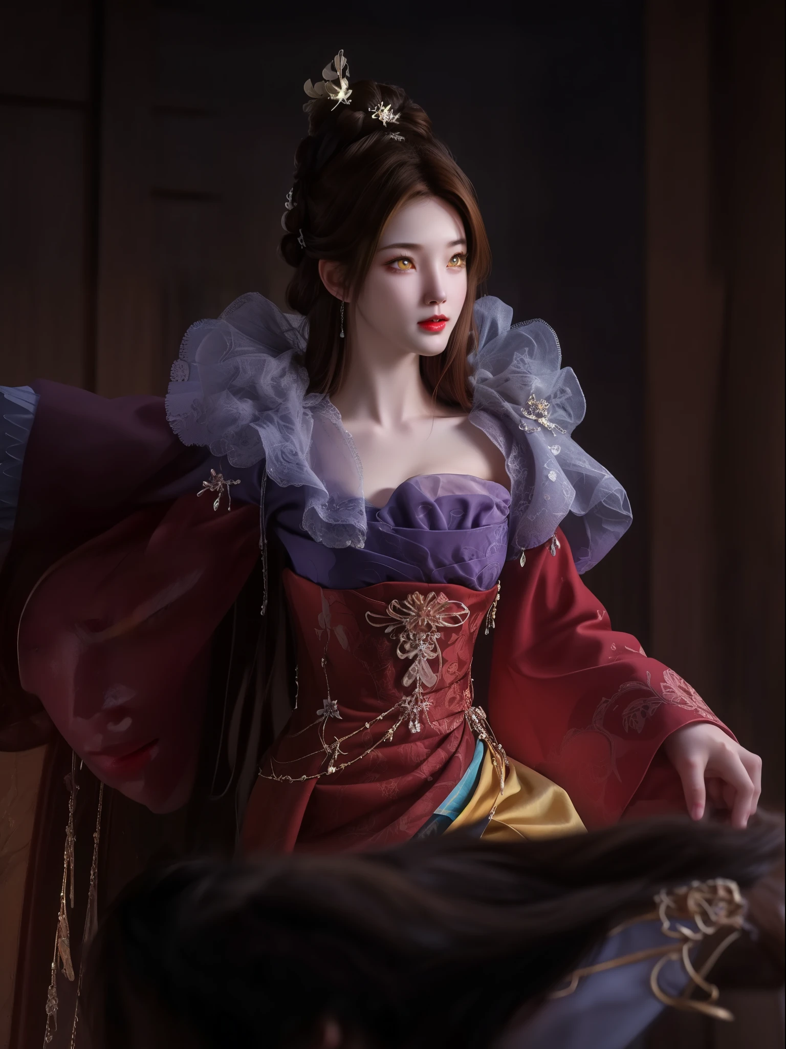 (hyperrealistic), (illustration), (high resolution), (8K), (extremely detailed), (best illustration), (beautiful detailed eyes), (best quality), (ultra-detailed), (masterpiece), (wallpaper), (photorealistic), (natural light), (rim lighting), (detailed face), (high detailed realistic skin texture), (anatomically correct), (solo), (1 girl), (high detailed realistic hair), (caramel hair:1.35), (heterochromic eyes), (detailed eyes), (light yellow eyes:1.37), (sparkling eyes), (realistic big breasts:1.5), (long legs), (slender abs), (dynamic pose), (closed tiny mouth:1.3), (concentrated expression), (topless),