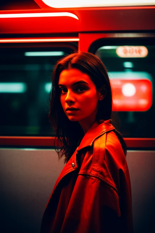 woman standing in a subway in a neon lights in a subway car, red and cinematic lighting, cinematic red lighting, cinematic and dramatic red light, high red lights, red lights, red neon lights, by Emma Andijewska, red lighting, atmospheric red lighting, red lighting on their faces, style of suspiria and neon demon, red neon, red light, long exposure

