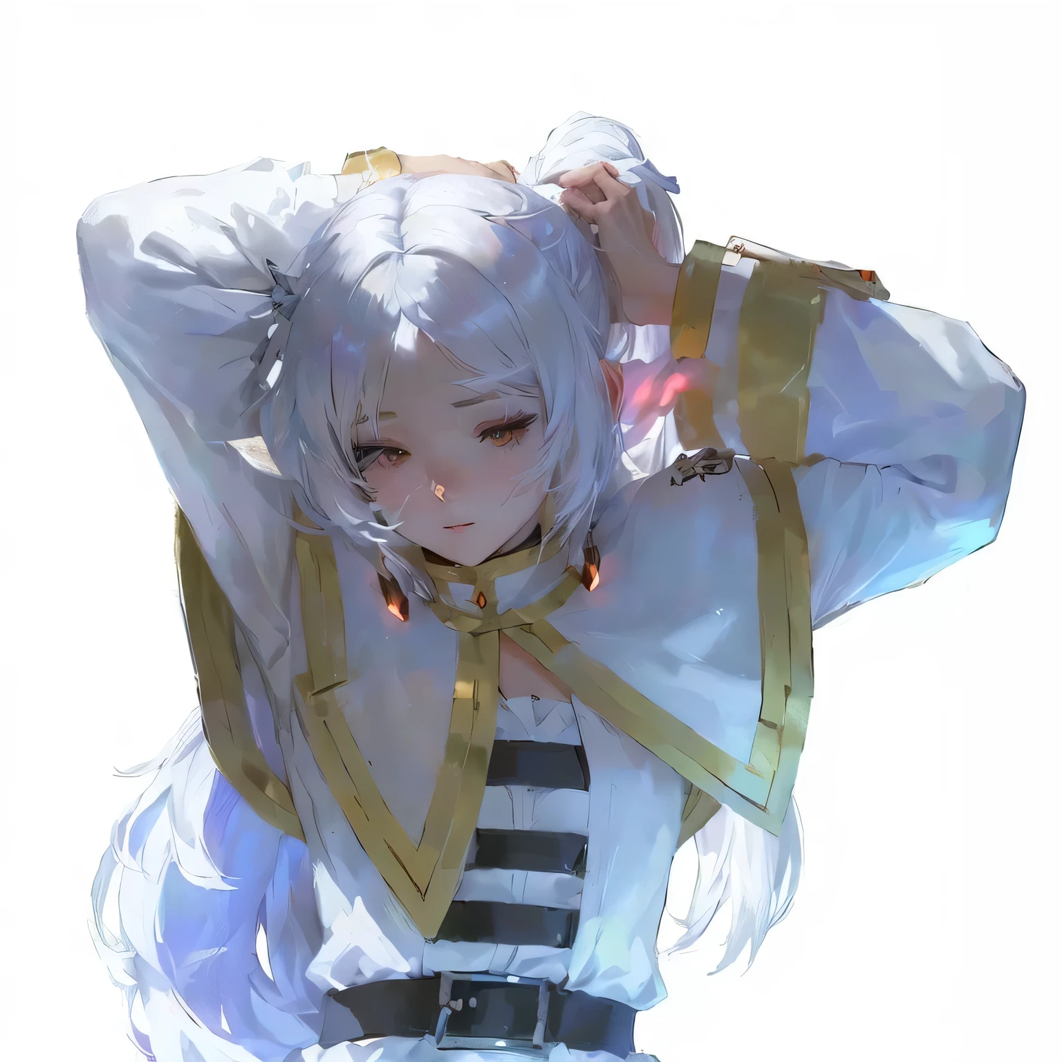 anime girl with white hair and a white dress holding her head, relaxed dwarf with white hair, guweiz, crisp clear rpg portrait, white haired deity, ayanami, anime character, detailed anime character art, anime character art, made with anime painter studio, silver hair (ponytail), dwarf with white hair, white hair floating in air, ayaka genshin impact