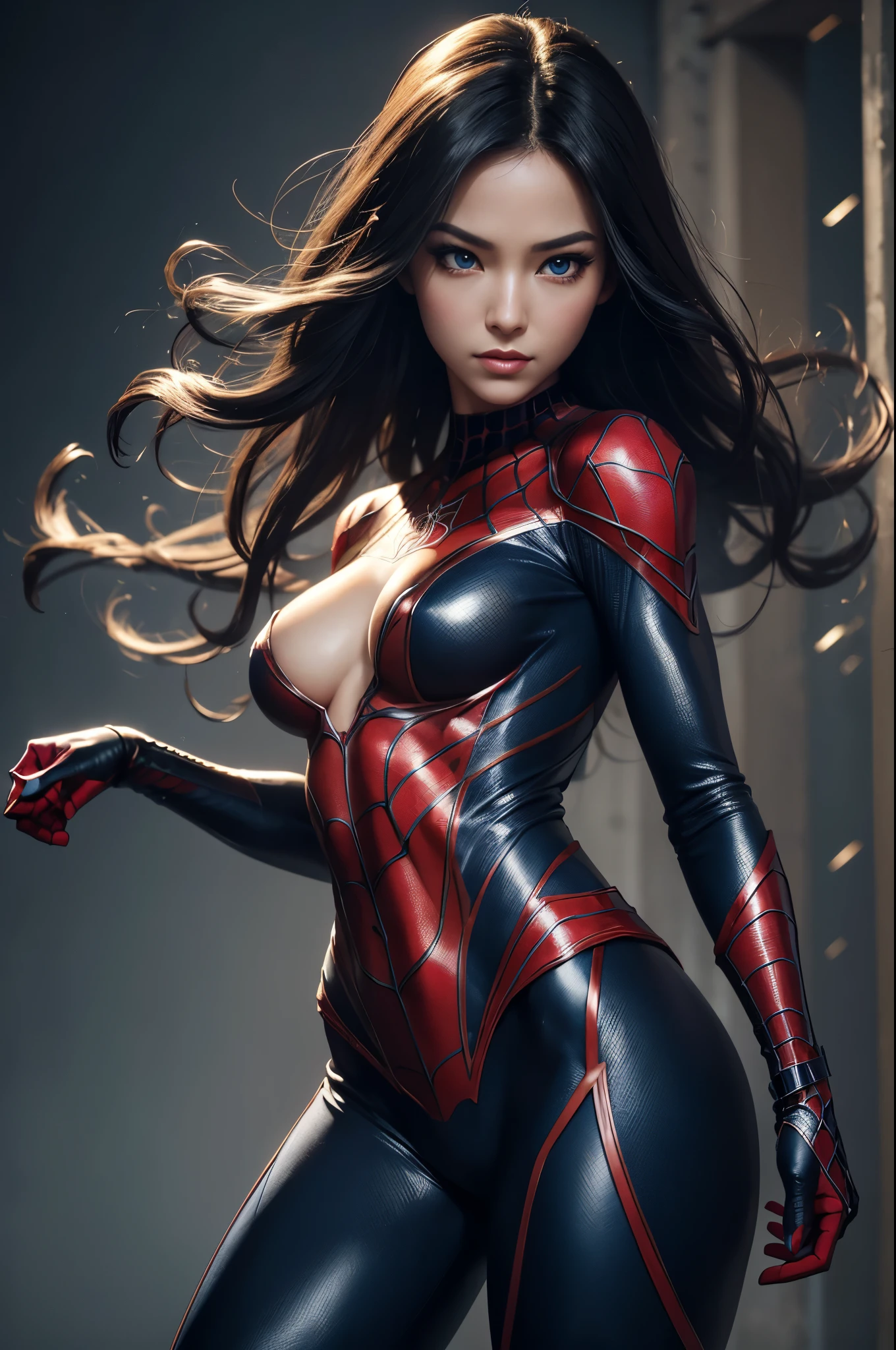 8K,Spider Lady,Super Beauty(Like the real thing),Spiderman Costume,Blue Eyes,Flexible physical ability,Perfect Anatomy,charm,Volume measurement,Body balance,super Realistic 肌,Digital single-lens reflex camera, Soft lighting, Detailed Background, Written boundary depth, Small breasts、Volumetric lighting, Sharp focus, Absurd, Realistic proportions, Excellent anatomy, (Realistic, 超Realistic:1.4), 16K HDR, dawn,A High Resolution,super Realistic 肌,Super beautiful expression,Fantasy art,Character Art,Wind effects:1.9、Cloud Effect:1.2、Full Rendering、Professional quality high resolution、Perfect contrast、Perfect lighting、Perfect composition、Perfect Skin、Perfect Fingers、Perfect breasts、Perfect Hair、Perfect Face、Realistic facial features,super highest quality,Slim figure,Perfect body line,Perfect hand shape,Anatomical body balance,Highly detailed face,Highly detailed eyes,Beautiful Lips,Excellent light particles,Cinema Lighting,Makeup,Ultra-high resolution,Ultra-Realistic Skin,Close-up of Princess Warrior,Sexy and dynamic pose,Hard and strong abs,Makeup,Rubber costume,大人のSpider Lady,Pose,