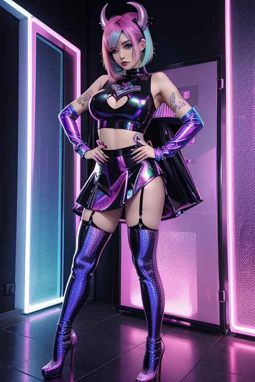 Sexy demon girl, pastel rainbow hair, piercings, seductive pose, full body, large breasts, crop top latex holographic, latex skirt holographic, thigh high heels holographic 