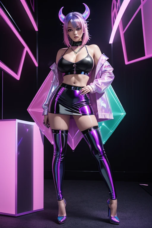 Sexy demon girl, pastel rainbow hair, piercings, seductive pose, full body, large breasts, crop top latex holographic, latex skirt holographic, thigh high heels holographic