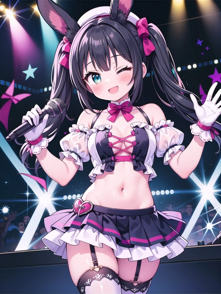 1girl, best quality, perfect hands, black rabbit ears, long rabbit ears, rabbit girl, smile, black hair, very long hair, twintails, red hair bow, cyan eyes, hair ornament, idol, idol outfit, microphone, cute & girly (idolmaster), singing, short sleeves, black pleated skirt, very short skirt, white thighhighs, white garter straps, white beret, gloves, blush, shoulder cutout, bare shoulders, collarbone, off shoulder, navel, midriff, leg belt, crop top overhang, one eye closed, wink, heart hands, breasts out