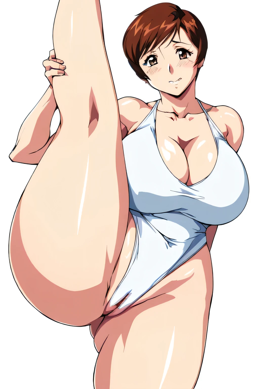 masterpiece, highest quality, High resolution, One Girl, alone, sexual intercourse, Pornographic images, short hair, etsukoto, Fine grain, fine grain, (((Thick thighs, Plump thighs, Voluptuous thighs, Thighs are enough))), Big and ample breasts, Cleavage, Huge long breasts, Naughty big,((Big breasts are important))、((Naughty thighs)), L Cup, (thin:1.4),(Tight waist:1.4), ((white swimsuit, highleg swimsuit)), (((Simple Background))), ((Wide Hips, Big Ass)), Shiny oily skin, Mature mother, Calf, Seductive mature woman, Perfect body, (((Thick))), Plus Size Model, etsukoto, blush, clavicle, retro artstyle, 1990s (style), (((half bare pussy))), (standing split), nsfw,
