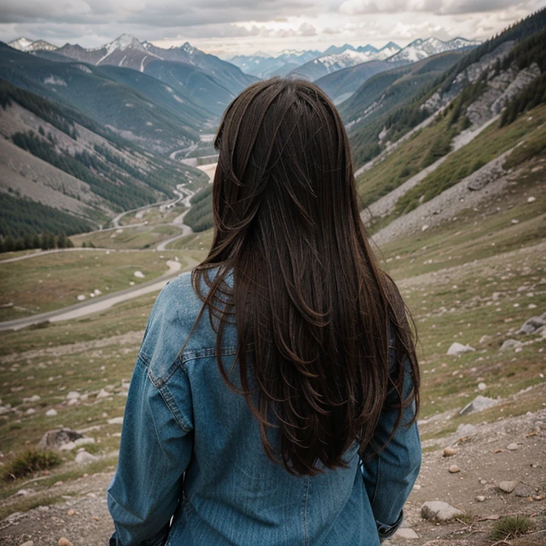 A brunette girl from behind amidst mountains, face not shown