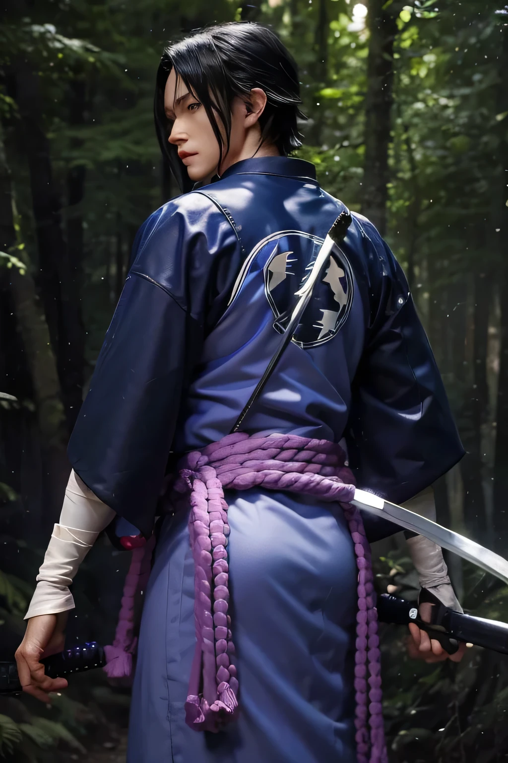 1man, reallife adaption of sasuke uchiha character, holding sword, handsome, realistic background, realistic forest background, lightning on the sword, 8K, high res,detail clothes, ultra detail.