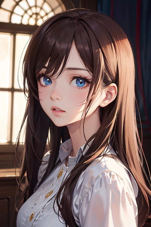 beautiful girl,anime ,goddess face,big eyes,sharp eyes,extre melydetailed face,with symmetrical detailed beautiful eyes,8k,sharp picture,close-up,long hair brown,digital paintin,cinemetic lighting,chiaroscuro,high detal