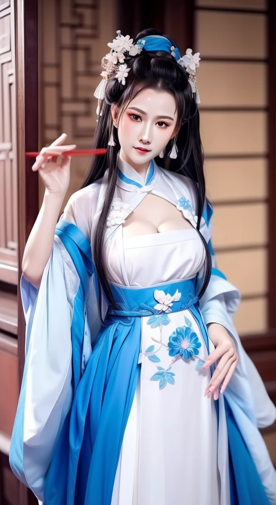 Blue and white porcelain style，Chinese Clothing，White clothing，The clothes have a blue and white pattern，Chinese Art Style，Fashion model 18 years old [[[[特写Cleavage]]]], ((大breast))(((Cleavage))))[[[[breast]]]], [[[[Cole]]]], [[[[bShoulder]]]], Perfect eyes, Perfect iris，Perfect lips，Perfect Teeth，Perfect skin，Fair skin，Soft headlight，HDR，Movie Girl，White hair，The expression is melancholy，Background with ancient Chinese interior decoration，4k ultra high definition, Ultra-high resolution, (Reality: 1.4), best quality，masterpiece，Super dilution，（Pastel colors：1.2）