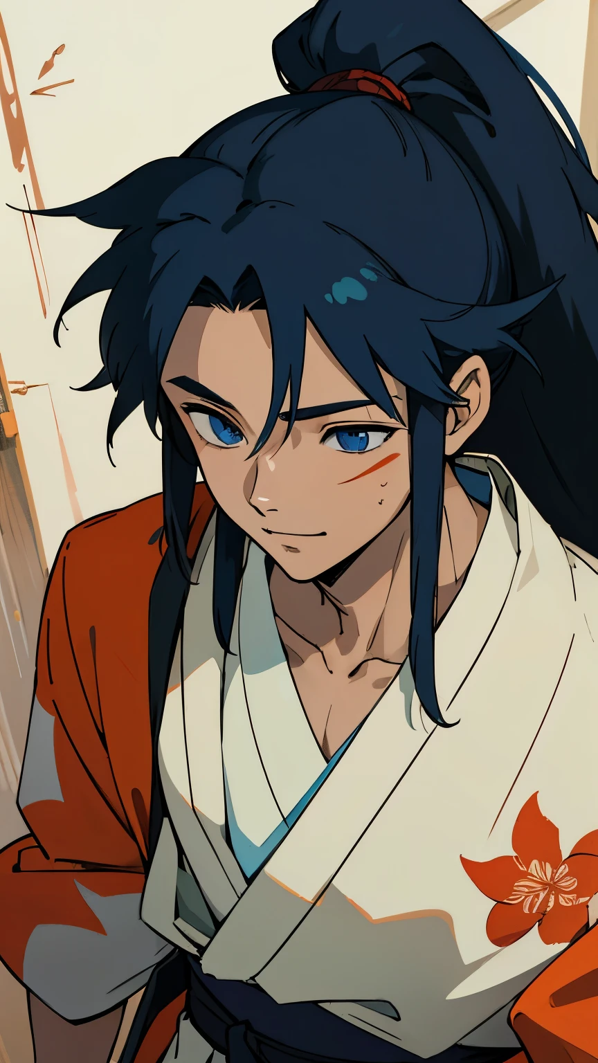 Japanese young man, blue dark hair on long ponytail, wild hairstyle, wild hair, orange kimono with flowers drawn, japanese samurai, charismatic, young adult, teen around 17 years old, eye scar, scarred eye, one closed eye with a scar, warm smile, slightly androgrynous, male, long hair, fairly built and toned, light skin color, bright blue eyes
