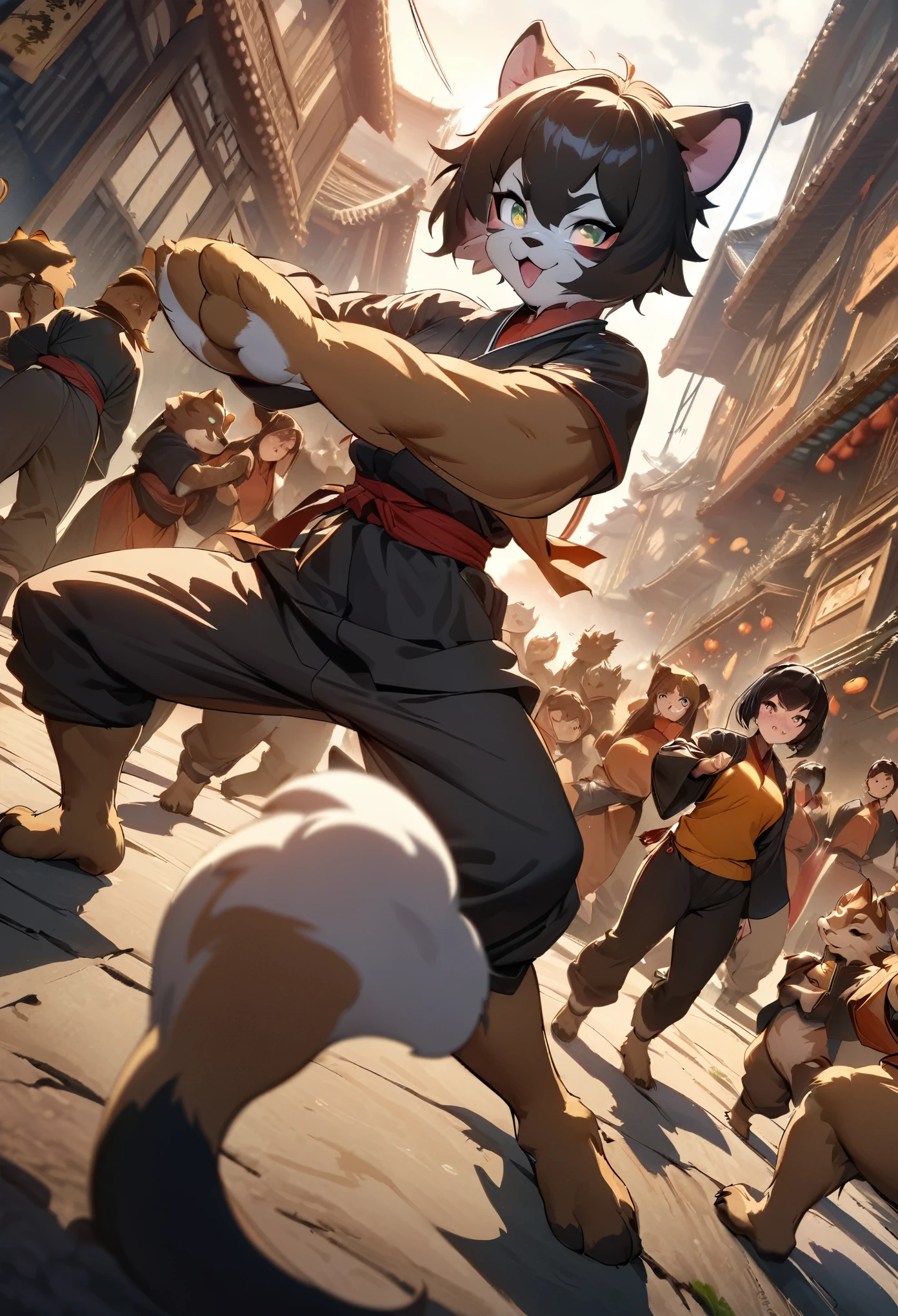 dynamic angle, top quality, best quality, High-quality illustrations, masterpiece, super high resolution, detailed background, detailed background, kung fu film, action, group shot:0.1, 6+boys, 6+girls, absurdres(highly detailed beautiful face and eyes)perfect anatomy, expression, good lighting, cinematic shadow(kemono, furry anthro),