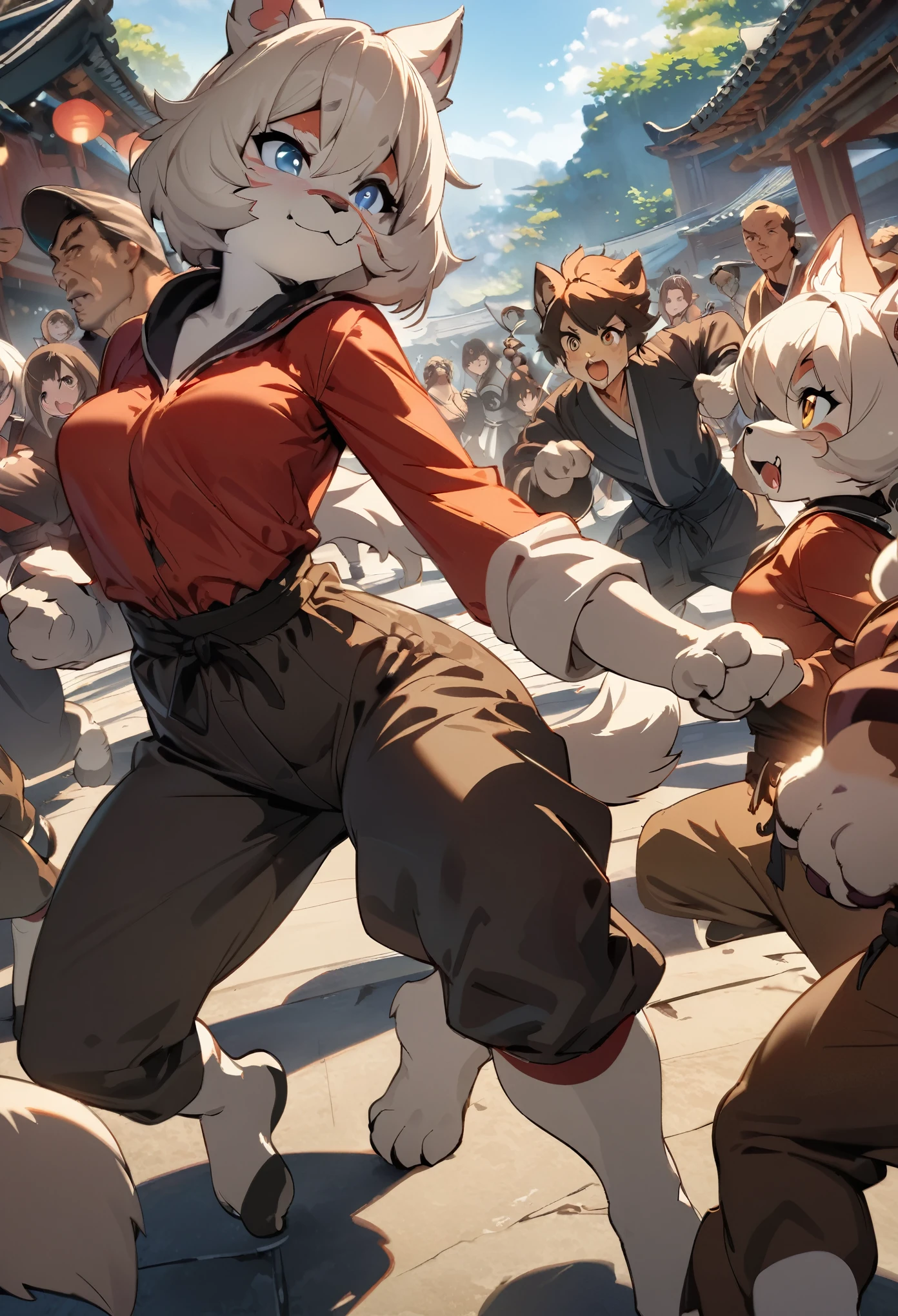 dynamic angle, top quality, best quality, High-quality illustrations, masterpiece, super high resolution, detailed background, detailed background, kung fu film, action, group shot:0.1, 6+boys, 6+girls, absurdres(highly detailed beautiful face and eyes)perfect anatomy, expression, good lighting, cinematic shadow(kemono, furry anthro),