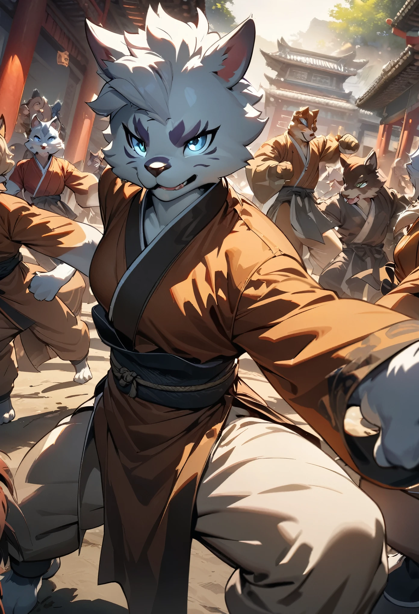 dynamic angle, top quality, best quality, High-quality illustrations, masterpiece, super high resolution, detailed background, detailed background, kung fu film, action, group shot:0.1, 6+boys, 6+girls, absurdres(highly detailed beautiful face and eyes)perfect anatomy, expression, good lighting, cinematic shadow(kemono, furry anthro),